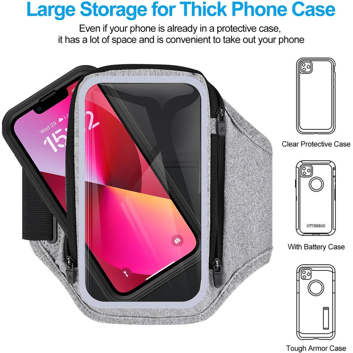 Спортивний браслет для телефону з кишенею для навушників, чохол для телефону для бігу 6.9 дюймів, кріплення на руку для iPhone 17 16 15, спортивний браслет, знімний тримач для телефону, для джоггінгу (світло-сірий)