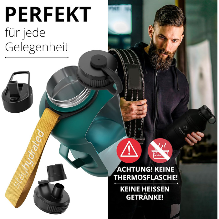 Спортивна пляшка BeMaxx ACTIVE FLASK 1,3 л з нержавіючої сталі, 3 кришки, трубочка, BPA-free, герметична, для води, газованих напоїв, для спорту, фітнесу, туризму