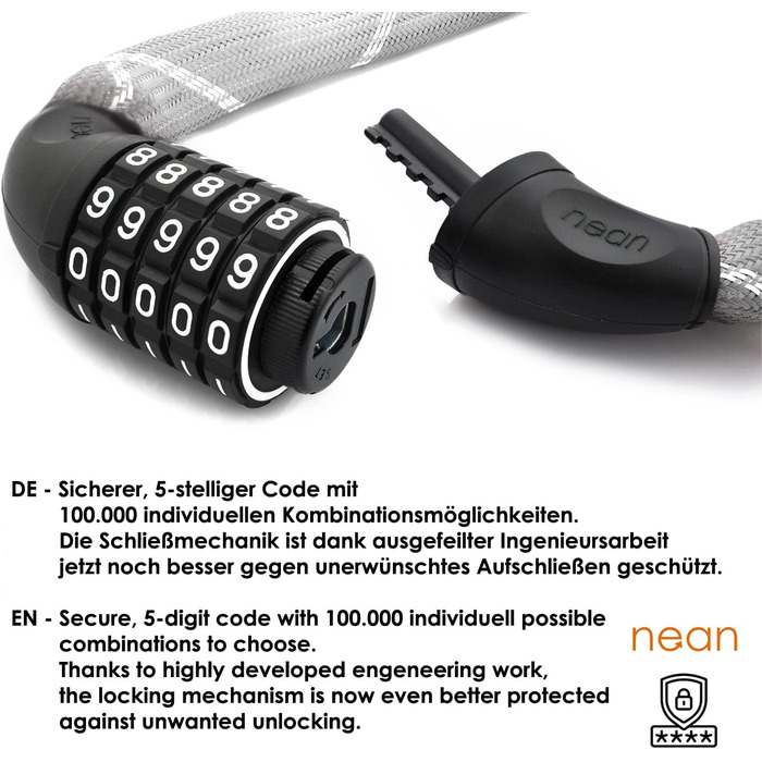 Надійне велозамок Nean з кодом, 6x6x900 мм, сталевий ланцюг, тканинне покриття, висока безпека