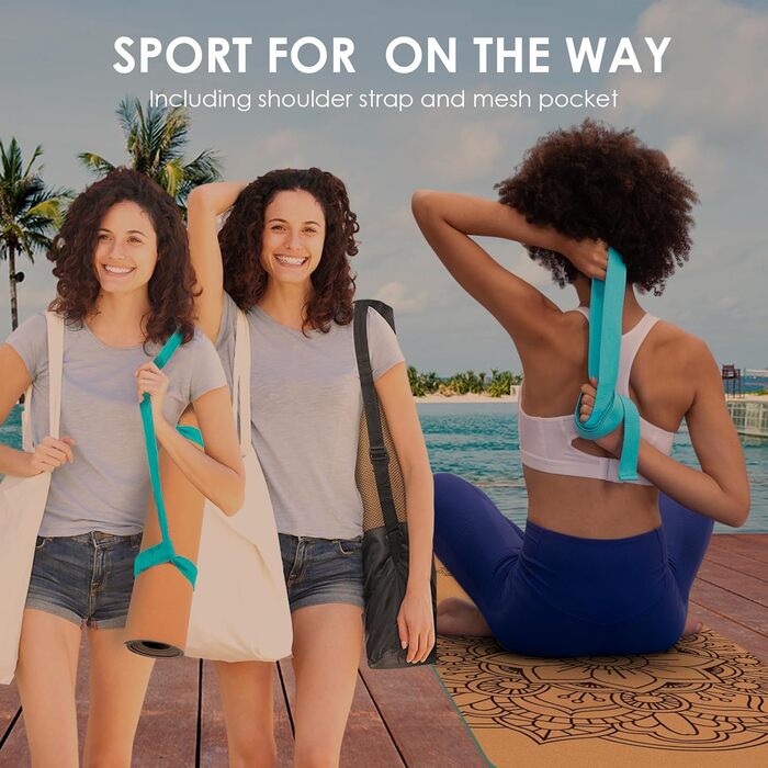 Килимок для йоги з корку – антиковзаючий, з унікальним дизайном мандали, з натурального каучуку TPE, для дому, фітнесу, пілатесу, аеробіки, з сумкою та ремінцем, блакитний