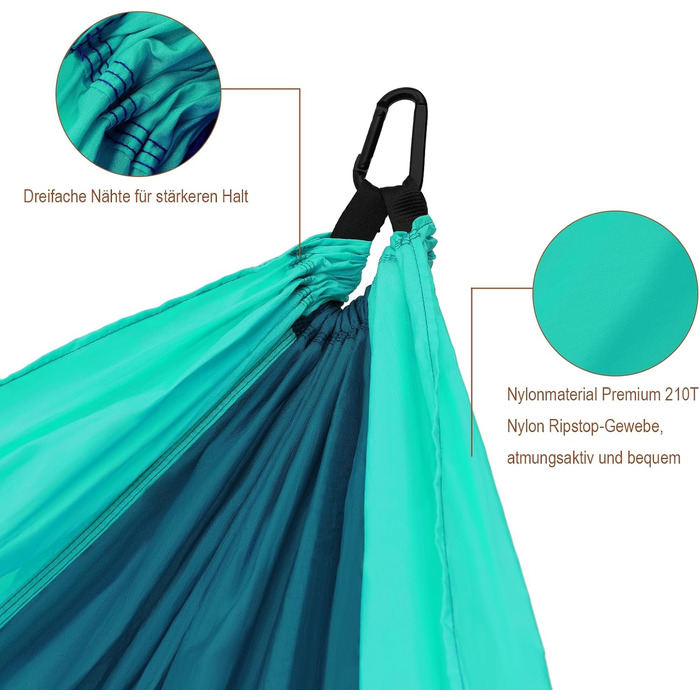 Гамак для кемпінгу на 2 особи, 270x140 см, Bragbare, 300 кг, з сумкою, для саду, балкону, відпочинку, Pfauenblau/Pfauengrün