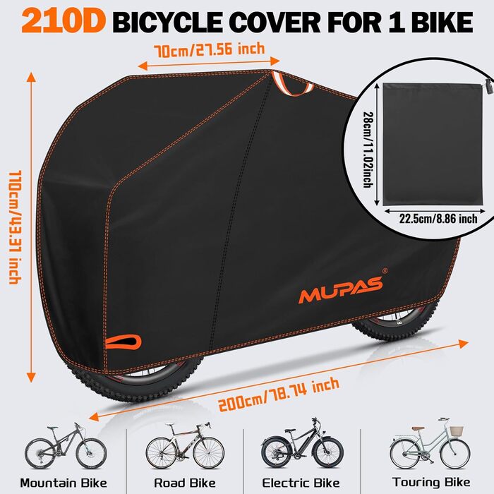 Водонепроникний чохол для велосипеда 210D Oxford, 200 x 110 x 70 cm, чорний. Захист від дощу, пилу та сонця. З отвором для замка та сумкою.