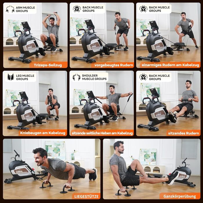 Гребний тренажер Pooboo з магнітною системою опору, 360 lbs, складаний, з тримачем для планшета та зручним сидінням, для дому H015-3