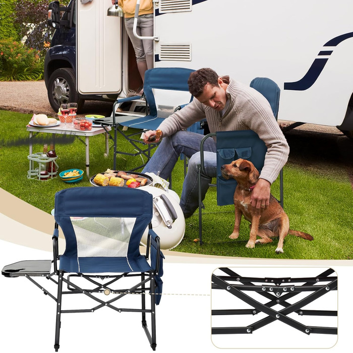 Кемпінговий стілець LEADZM складний зі столиком та відділенням для зберігання, дихаюча спинка, вантажопідйомність 10 кг, 600D Oxford, металевий каркас, 6x60x9 см, легкий та компактний для відпочинку на природі, риболовлі, фестивалів (2 шт., блакитний)