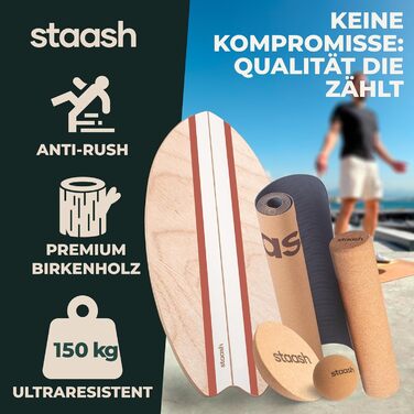 STAASH® PRO Балансборд з берези – Преміум 5-в-1 набір для балансу, фітнесу та реабілітації. Ролик + півсфера + килимок. Витримує до 150 кг, колір теракота