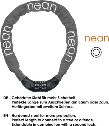 Велосипедне замкове обладнання Nean: надійний замок з кодом, сталевий ланцюг 6 мм x 900 мм (сірий)