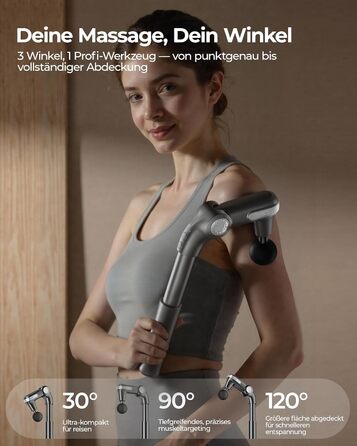 Масажер для тіла KingPavonini з висувним руків'ям та відкидним голівкою: масажна пістолета для спини з 3 кутами налаштування та 4 насадками, подарунок для чоловіків та жінок (сірий)