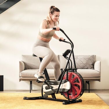 Велотренажер SportPlus Air Bike з повітряним опором, сумісний з додатком, для HIIT, домашній фітнес, підсвічування дисплея, навантаження до 100 кг, чорний/червоний, не підтримує додатки