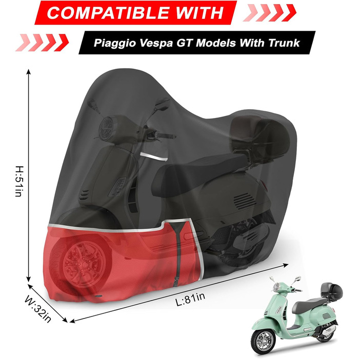 Водонепроникний захисний чохол для мотоцикла Piaggio MP3 400/500 з кофром, 420D Oxford, чорний/червоний