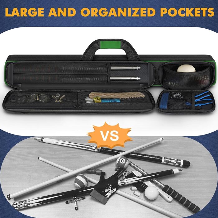 Чохол для більярдних київ 2x2 на 2 киї з кишенями на блискавці для аксесуарів, міцний, поліестер, з плечовим ременем та ручкою, м'який, для жінок та чоловіків, зелений/чорний