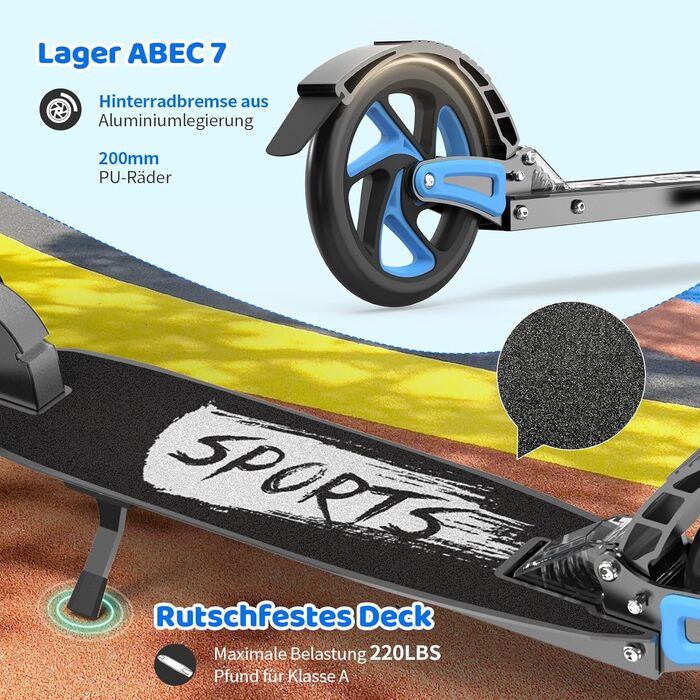 TONBUX Роликовий самокат для дітей 6-9+ років, дорослих, алюмінієвий, з подвійною підвіскою, регульована висота, складаний, блакитний, до 100 кг