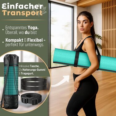 RE:SPORT Килимок для йоги та фітнесу, 183x61x0.6 см, без фталатів, з ручкою для перенесення, бірюзовий/коричневий