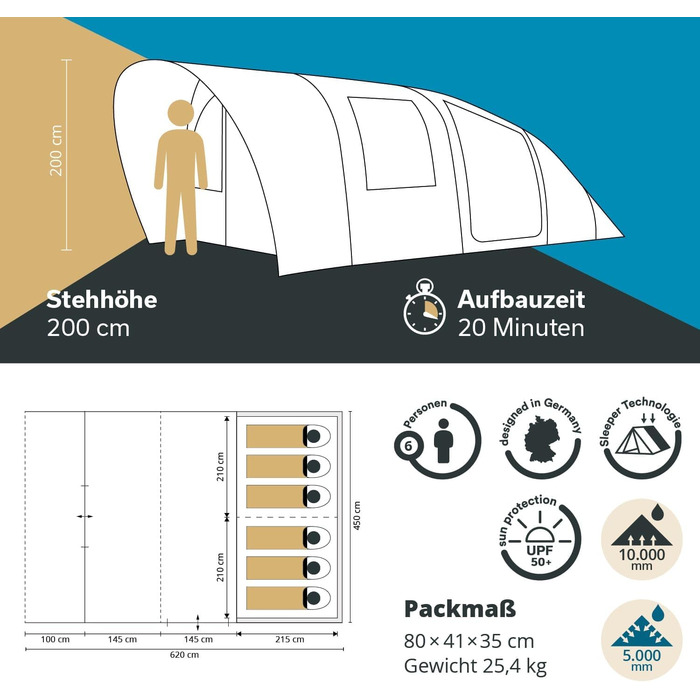 Намет Skandika Hafslo Sleeper Protect для кемпінгу 4/5/6 осіб, водонепроникний, з інтегрованим дном (5000 мм), з тамбуром, чорна спальня | Сімейний намет XL