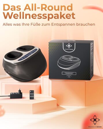 Електричний масажер для ніг MASSAGEWERK® Premium з EMS, шиацу, вібрацією та підігрівом, для покращення кровообігу, знеболення при п’ятковій шпорі та невропатії, до розміру 45