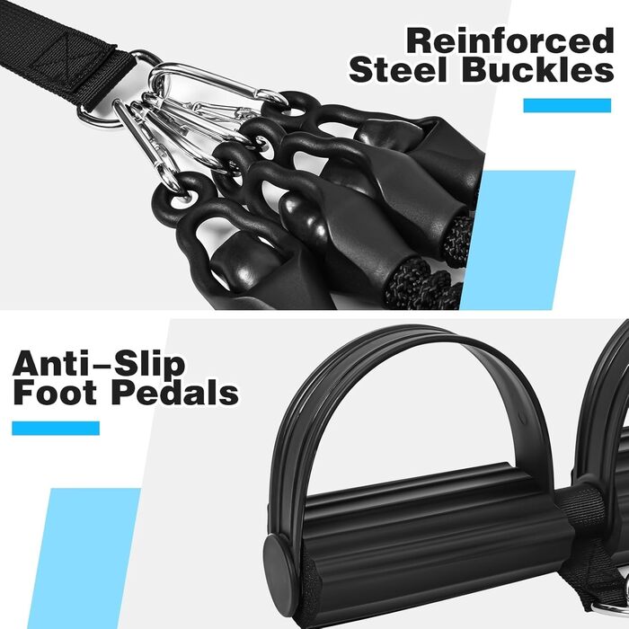 Набір еластичних стрічок FUNFLEX 45 кг для фітнесу: тренажер для пресу з ручками, фіксатором для ніг та дверним кріпленням. Система стрічок опору для дому, залу, м'язового та силового тренування. Чорний, 9 шт.