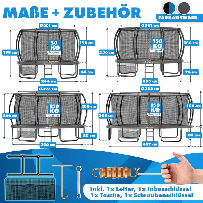 Батут KESSER® Outdoor Ø 244/305/366/427 см з сертифікатом GS, для дітей та дорослих (до 150 кг) з захисним сітком, сумкою, сходами, захисним бортиком та м'якими стійками сітки, антрацит