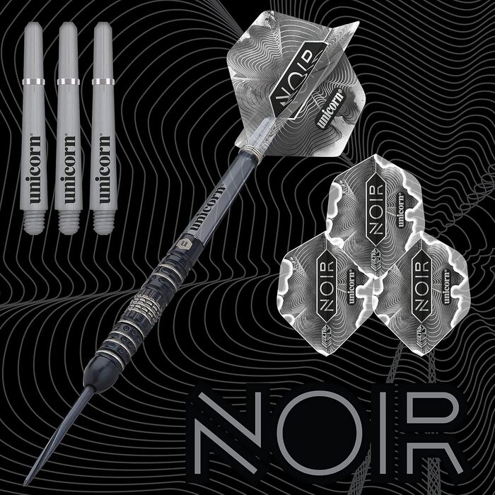 Універсальні дартс-стріли Unicorn Noir з сталевим вістрям, 90% вольфрам, чорне титанове покриття, Black Volute, вага 21-26 г