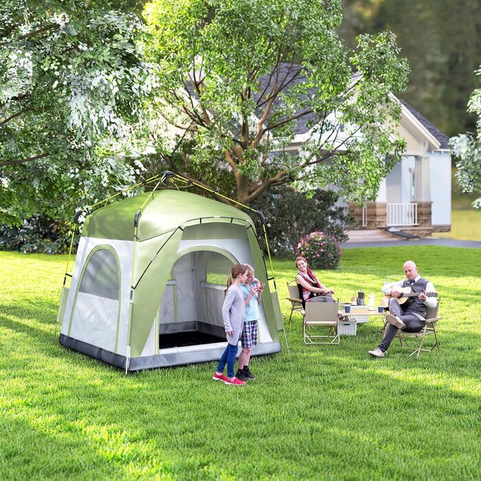 Намет Outsunny Pop-Up для 3 осіб, UV 50+, зелений: сімейний кемпінговий намет з гаком, 4 дверима, вікнами, підлогою та водонепроникністю 1000 мм