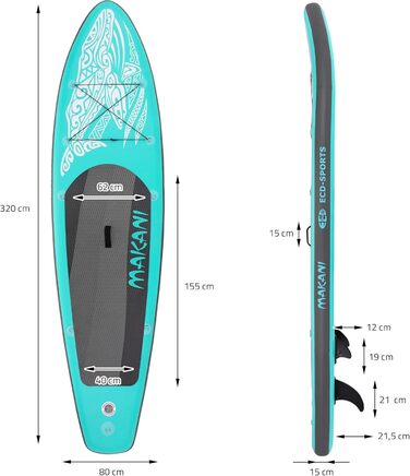 Надувна SUP-дошка ECD Germany Makani 305–380 см, PVC, до 150 кг, товщина 10/15 см, з сидінням для каяка, комплект сумка, весло, зелена