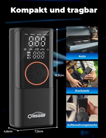 Електричний компресор Oasser з акумулятором 6000mAh, 150 PSI, з двома дисплеями, для авто, мото, велосипеда, м'ячів, подорожей та кемпінгу