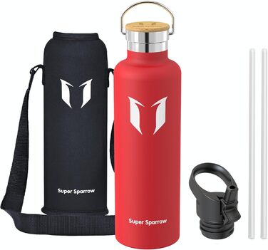 Фляга Super Sparrow з нержавіючої сталі - 350мл/500мл/620мл/750мл/1л - Термос-фляга, не протікає, без BPA - Фляга для дітей, для газованої води, спорту, школи, фітнесу - З 2 кришками (1000 мл, Lava)