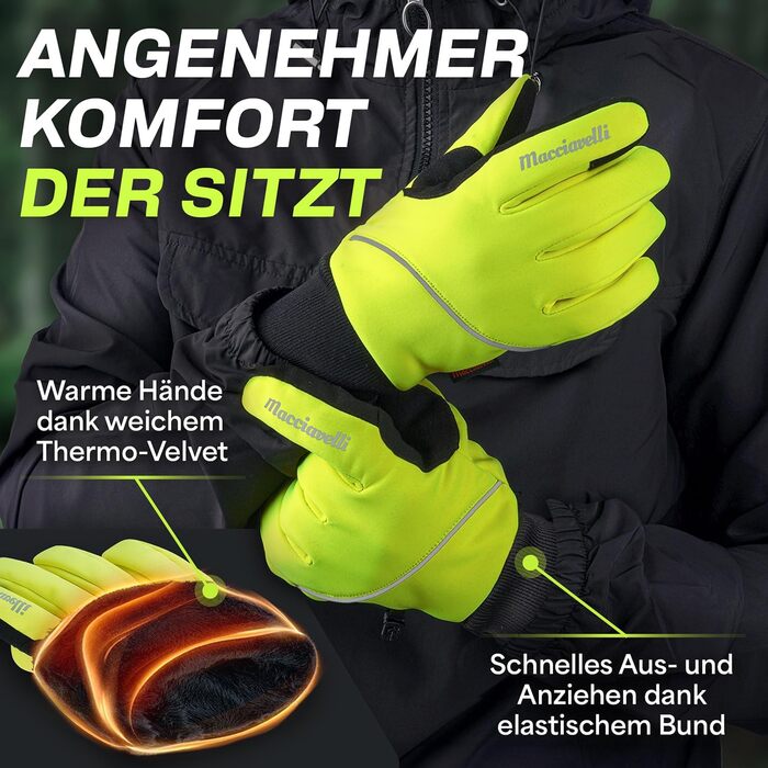 Велосипедні рукавички MACCIAVELLI® для чоловіків та жінок - теплі зимові терморукавички з підтримкою сенсорного екрану для шосе, MTB та гірського велосипеда. Вітро- та водонепроникні, неоново-жовто-зелені