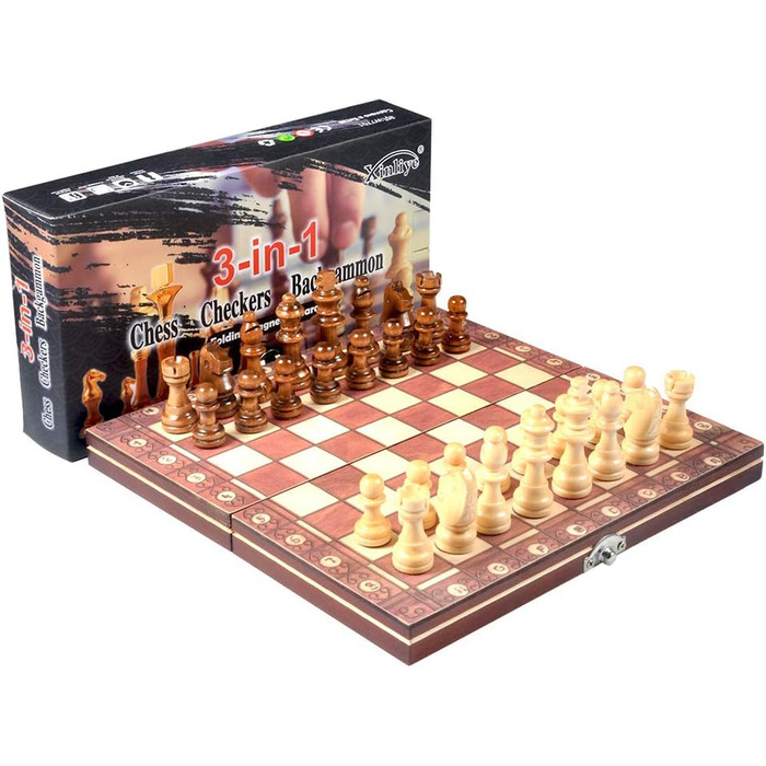 Шаховий набір Nikou: дерев'яне складане шахове поле з магнітними фігурами для подорожей, дітей та дорослих. Шахи для розвитку інтелекту та гри на вулиці.