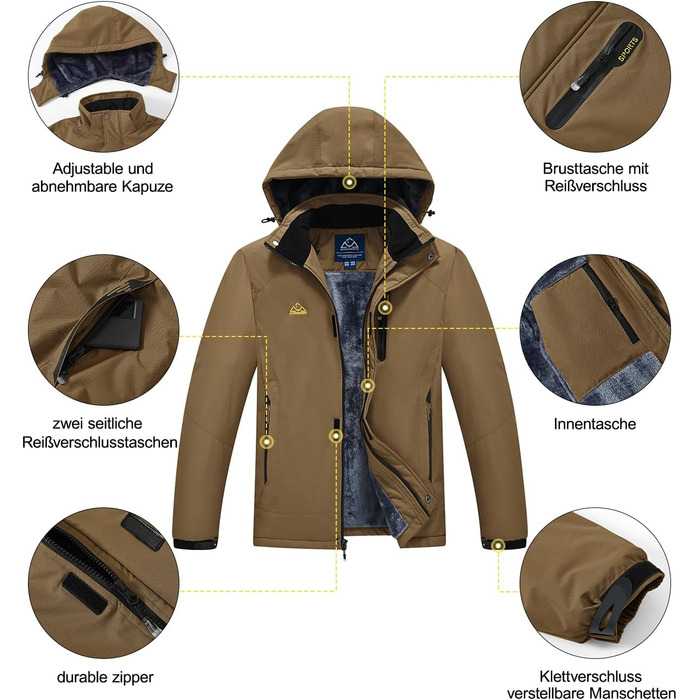 Чоловіча зимова куртка YSENTO, водонепроникна, з флісовою підкладкою, для активного відпочинку, софтшел, дихаюча, для катання на лижах та сноуборді з капюшоном (L, Кофе)