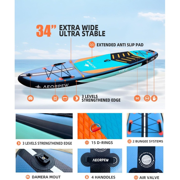 Надувне веслове SUP дошка для дорослих та підлітків, 88.9 см, професійного рівня, з комплектом аксесуарів (блакитна)