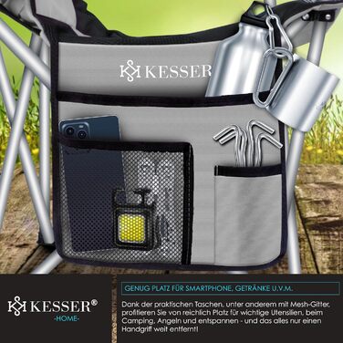 Крісло для кемпінгу KESSER® з підлокітниками, високою спинкою, місткістю до 150 кг, сіре/чорне, з підсвіткою та тримачем для напоїв
