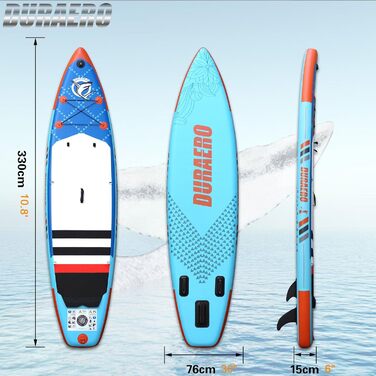 Надувна SUP-дошка для сапбордингу 330x76x15 см з комплектом: каяк-сидінням, кріпленням для камери, інтегрованим кікпадом, 3 плавниками, регульованим двостороннім веслом, повним набором аксесуарів, вантажопідйомністю до 150 кг