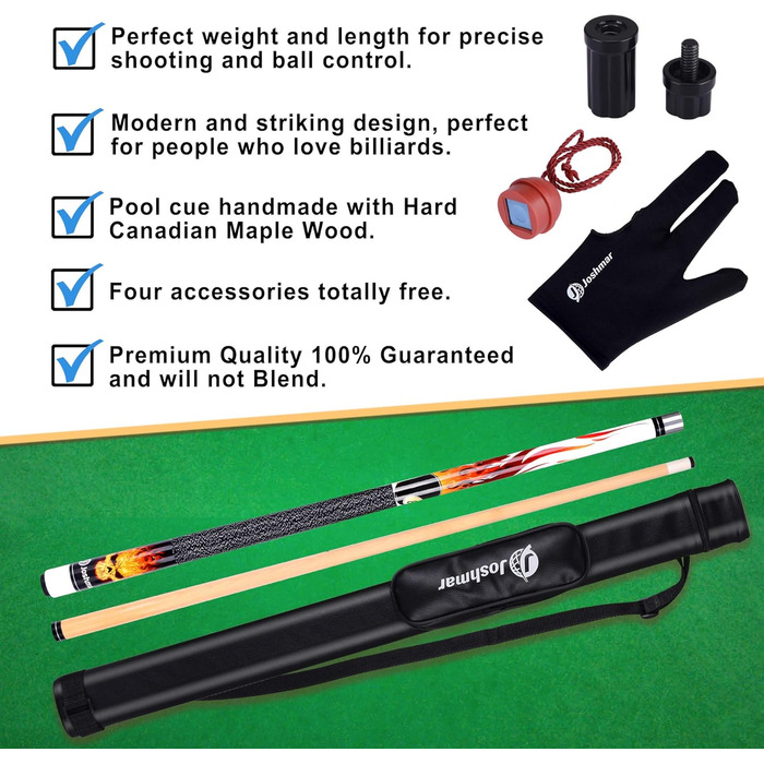 Joshmar Profi Pool Stick - Преміум кий для більярду. Виготовлений з канадського твердого дерева, з аксесуарами.