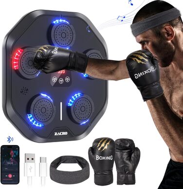 Музична боксмашина Zacro з LED-підсвіткою, розумна боксмашина, настінна, 9 режимів/швидкостей, з рукавичками та повязкою, чорна