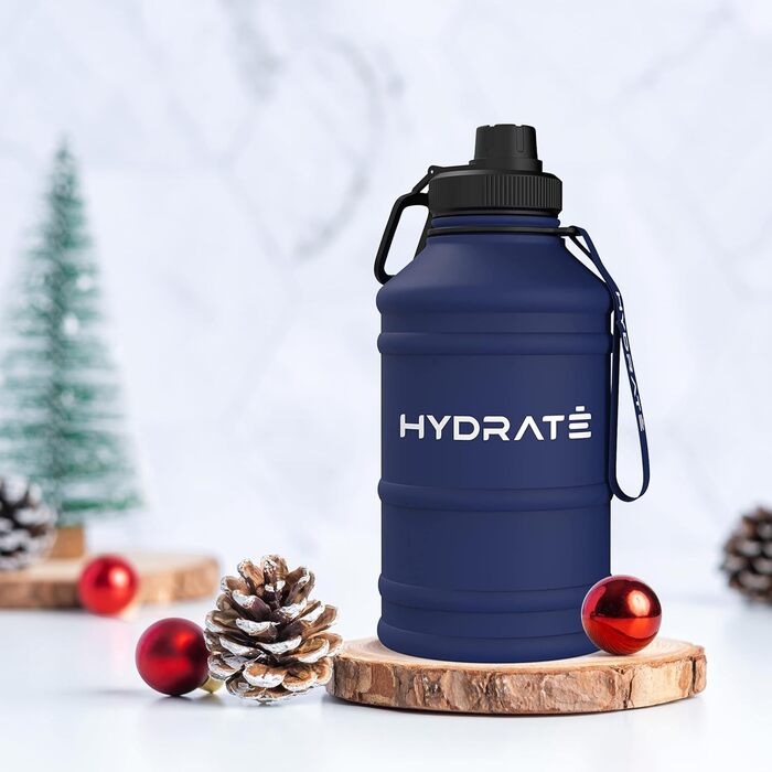 Фляга для води HYDRATE з нержавіючої сталі, 2.2 літри, без BPA, спортивна, металева, з нейлоновим ремінцем, надійна, 2200 мл, Middernachtsblau (Темно-синій)
