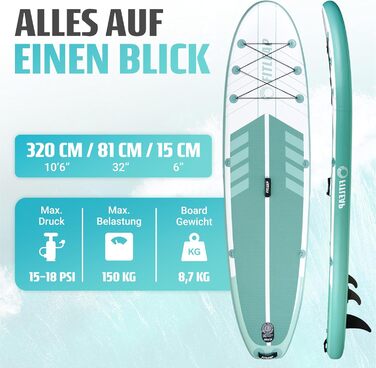 Надувний SUP Борд Fitleap Premium Stand Up Paddle Board - Комплект з насосом, веслом та рюкзаком. Ідеально для початківців та професіоналів, для йоги, серфінгу та водного спорту. (Зелений в смужку, 1 особа)