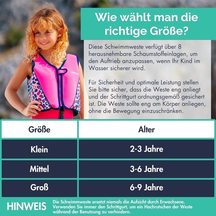 Дитяча плавальна жилетка Limmy - допоміжна жилетка з регульованою плавучістю, CE-сертифікована, рекомендована на Vergleich.de, м'який неопрен, безпечне та міцне виготовлення, з сумкою для транспортування Roa Windmühle (L, Рожевий леопард)
