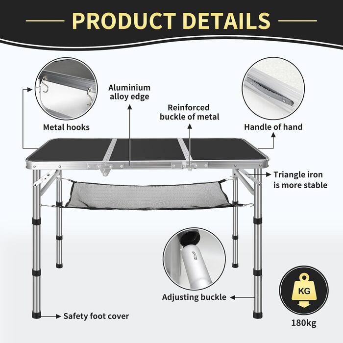 Стіл для кемпінгу CPROSP, розкладний, 90x40 см, чорний, регульована висота 26-70 см