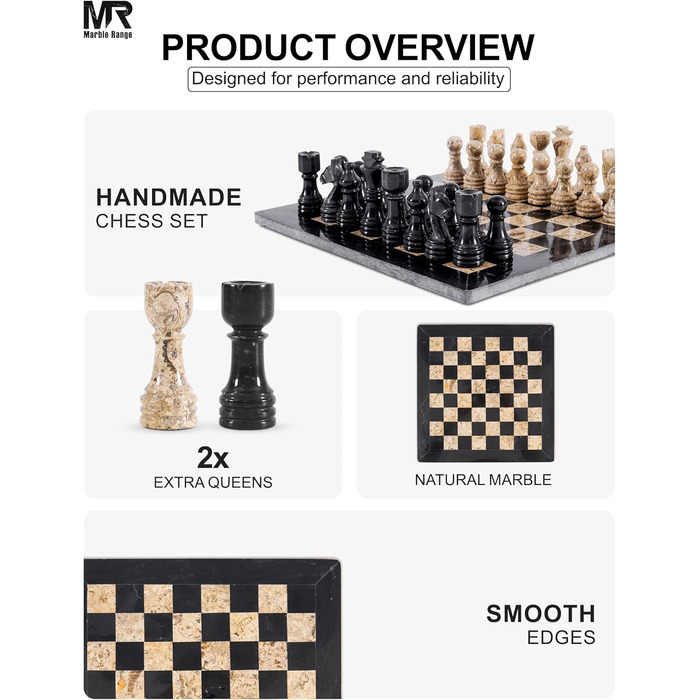 Шаховий набір з мармуру для дорослих, ручної роботи, 32 фігури, 2 додаткові королеви, коробка для зберігання, розкішний подарунок, елегантний декор (чорний & кораловий)