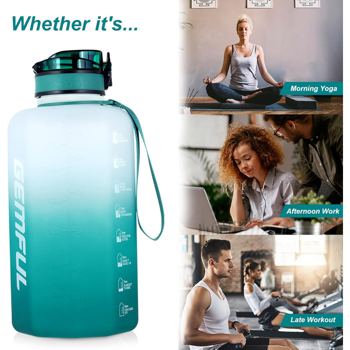 Спортивна пляшка для води GEMFUL 2.2L з ручкою та позначками часу - ідеальна для фітнесу та повсякденного використання