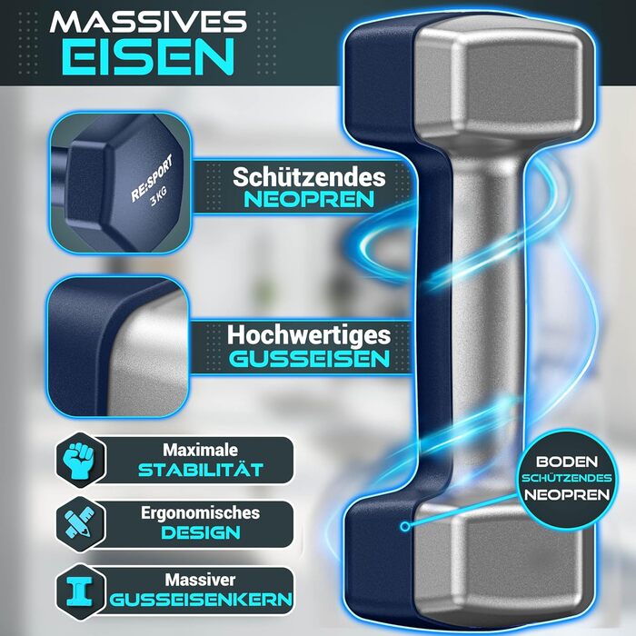 Набір гантелей RE:SPORT® 3 пари (1-5 кг, 12 кг або 18 кг) зі стійкою + 3 фітнес-гумки | Нековзкі гантелі з неопрену для жінок та чоловіків | Набір гантелей 12 кг, блакитний/сірий/темно-синій
