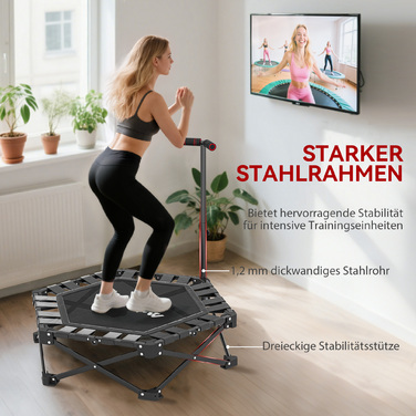 Міні-батут для фітнесу зі змінним T-поручнем, складаний, з сумкою для перенесення, з вагою до 120 кг, сталевий та пластиковий, чорного кольору