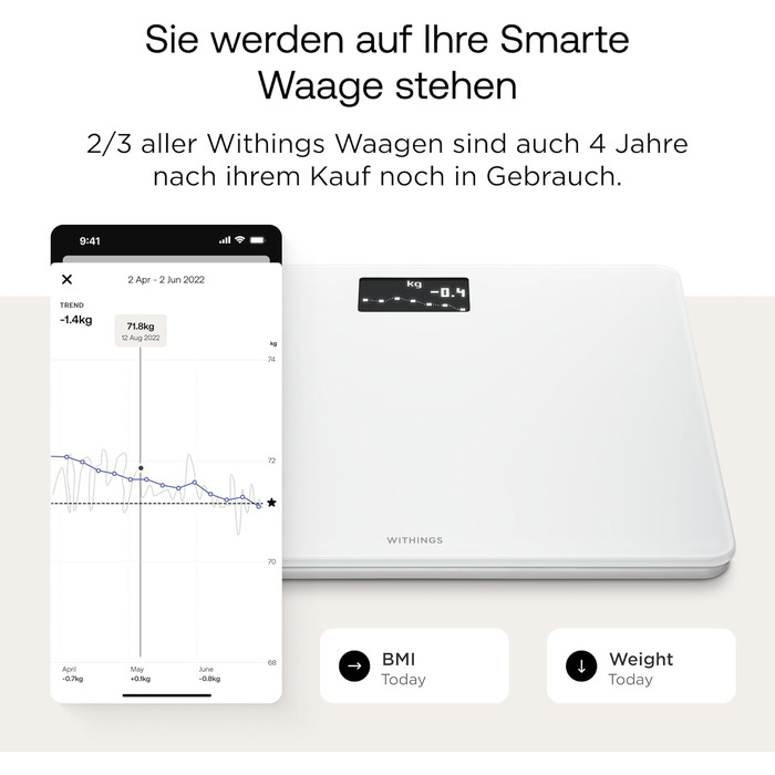 Withings Body — Wi-Fi вага з відстеженням ваги та ІМТ, цифрова підлогова вага з синхронізацією через Bluetooth або Wi-Fi, біла