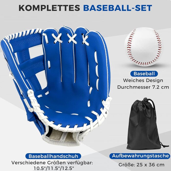 Рукавиця для бейсболу та софтболу дитяча/доросла, з м'ячем, блакитна, 12.5 дюймів