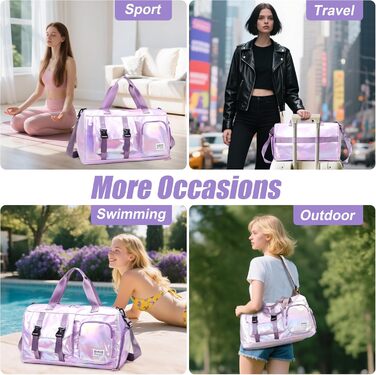 Спортивна сумка Tokeya для жінок з відділенням для взуття та мокрою одежі, водонепроникна, з блискітками, легка, складна, для занять спортом, фітнесом, тренувань, подорожей (фіолетова)
