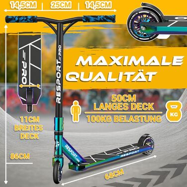 Трюковий самокат RE:SPORT® REVO PRO для дітей та дорослих з підніжкою | Професійний самокат з колесами 110мм PU та Y-рулем | Самокат трюковий ABEC 9 Rainbow Blaze