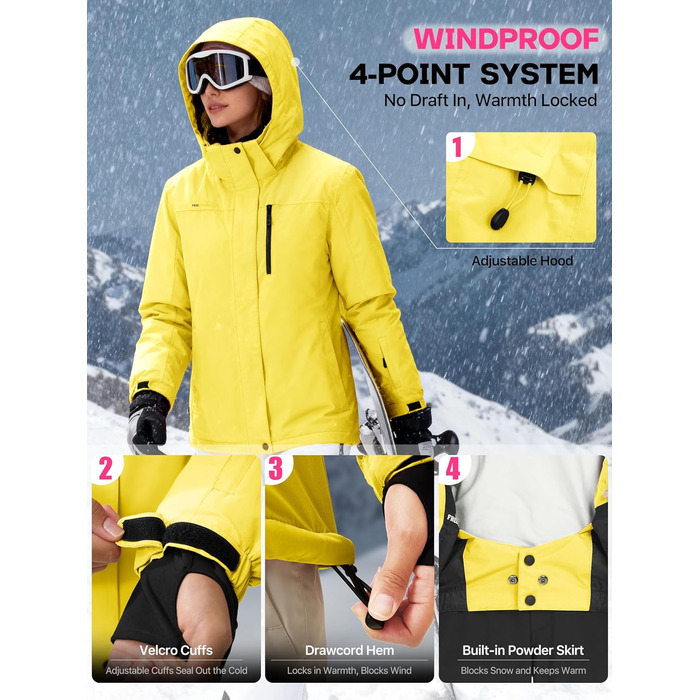 Жіноча водонепроникна куртка для катання на лижах FREE SOLDIER з флісовою підкладкою та капюшоном. Тепла зимова куртка-дощовик XXL, кремовий/жовтий колір