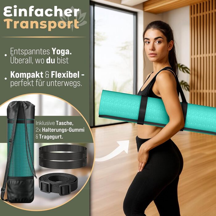 RE:SPORT Килимок для йоги та фітнесу, 183x61x0.6 см, без фталатів, з ручкою для перенесення, бірюзовий/коричневий