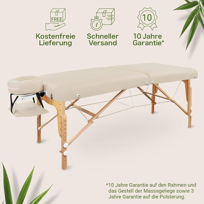 Масажний стіл Zen з круглими кутами, складний та регульований по висоті - професійний масажний стіл з цільного дерева з регульованою спинкою, підголівником, підлокітниками та кишенею (кремовий)