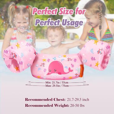 HeySplash Дитячі надувні рукавики для плавання, жилет для дітей 9-22 кг, рожевий кит. Безпечні рукавики та жилет для навчання плаванню.