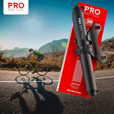 Міні-насос для велосипеда PRO BIKE TOOL з манометром: Presta та Schrader клапани, тиск до 6.9 Bar, легкий, для шосе, MTB, 22.8x7x3 см, чорний матовий